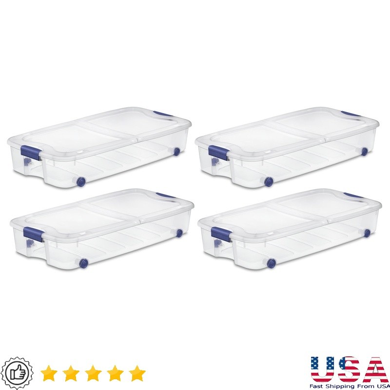 Large Wheeled Storage Bin Pack of 4 Underbed Container W/ Latch Lid & Clear Base