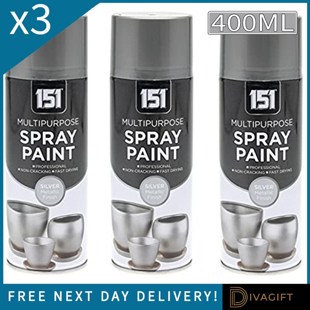 3 x SILVER METALLIC FINISH SPRAY PAINT 400ML INTERIOR EXTERIOR MULTI PURPOSE NEW