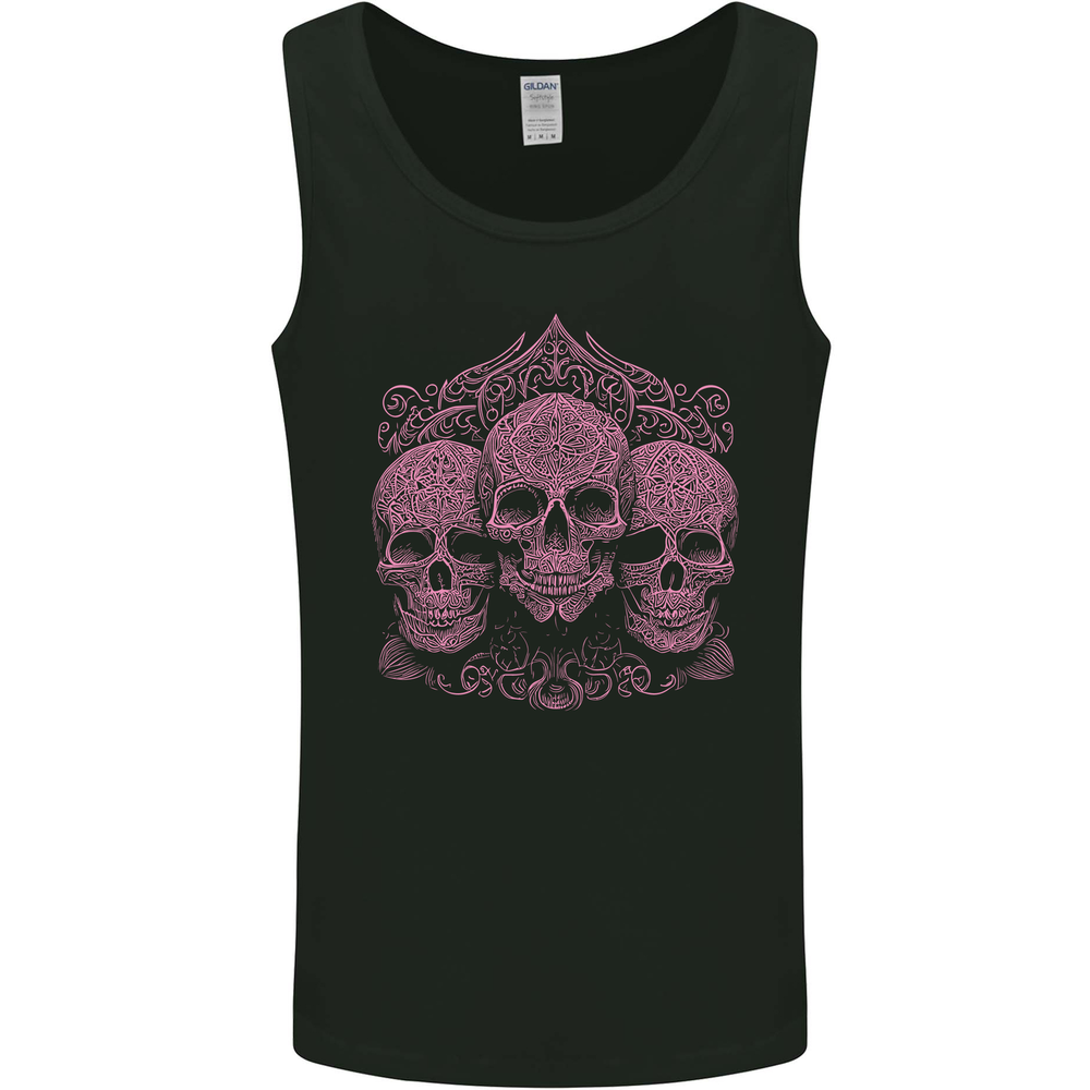3 Ornate Pink Skulls Gothic Goth Mens Vest Tank Top