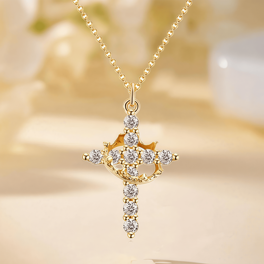 Gold Plated Cubic Zirconia Crown Cross Pendant Necklace for Women