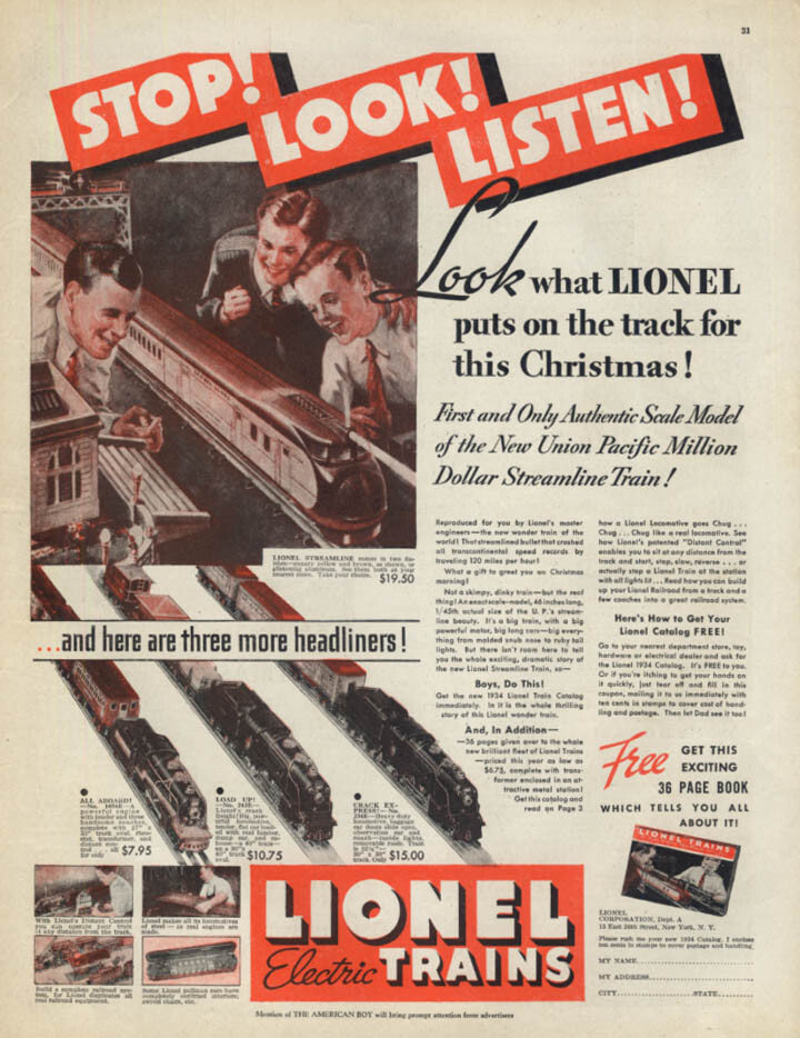 Stop! Look! Listen! What Lionel Electric Trains put on the track Xmas ad 1934
