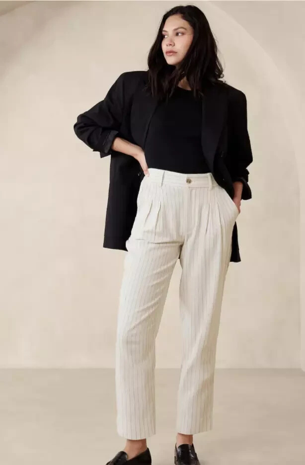 Banana Republic High Rise Cropped Linen Striped Pleated Pant Size 6