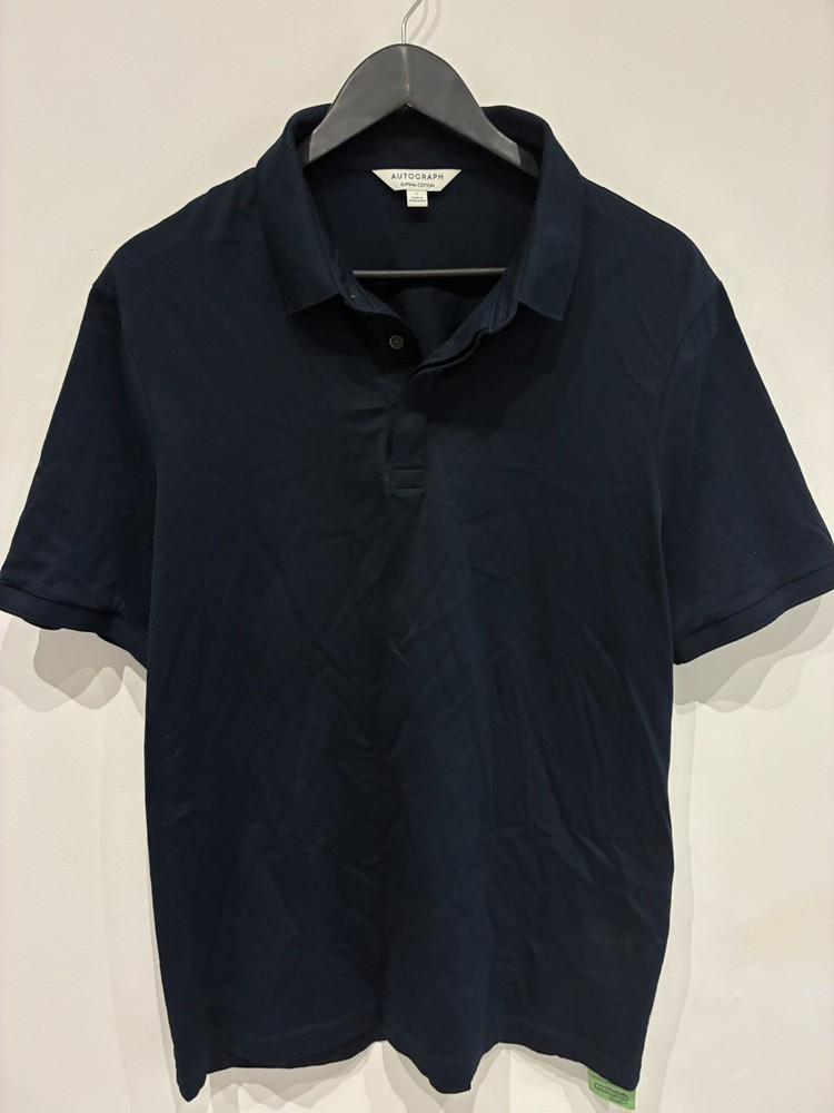 M&S Autograph Polo Shirt Men Size L Navy Blue Mix Summer Casual Top Pure Cotton