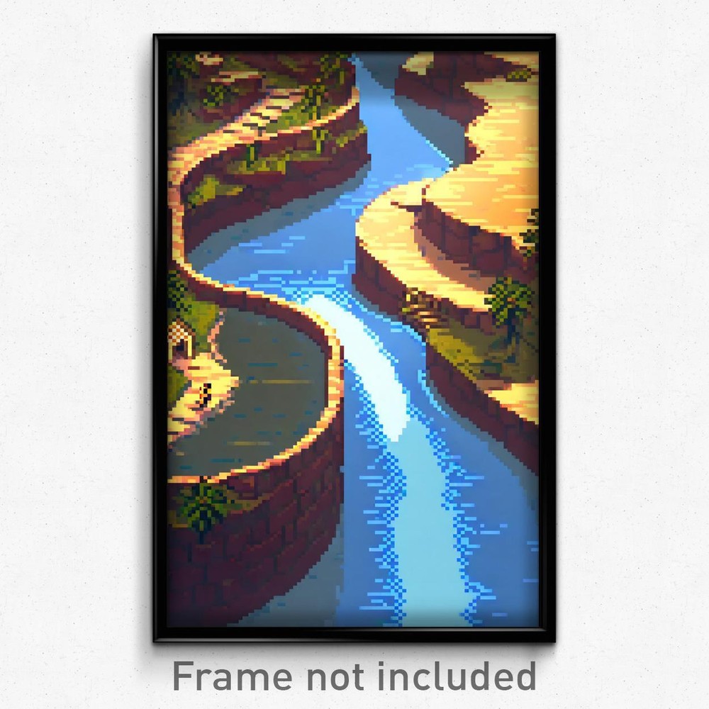 8 Bit Psychedelic Pixel Art Poster - Warlike Waterway Video Game Print