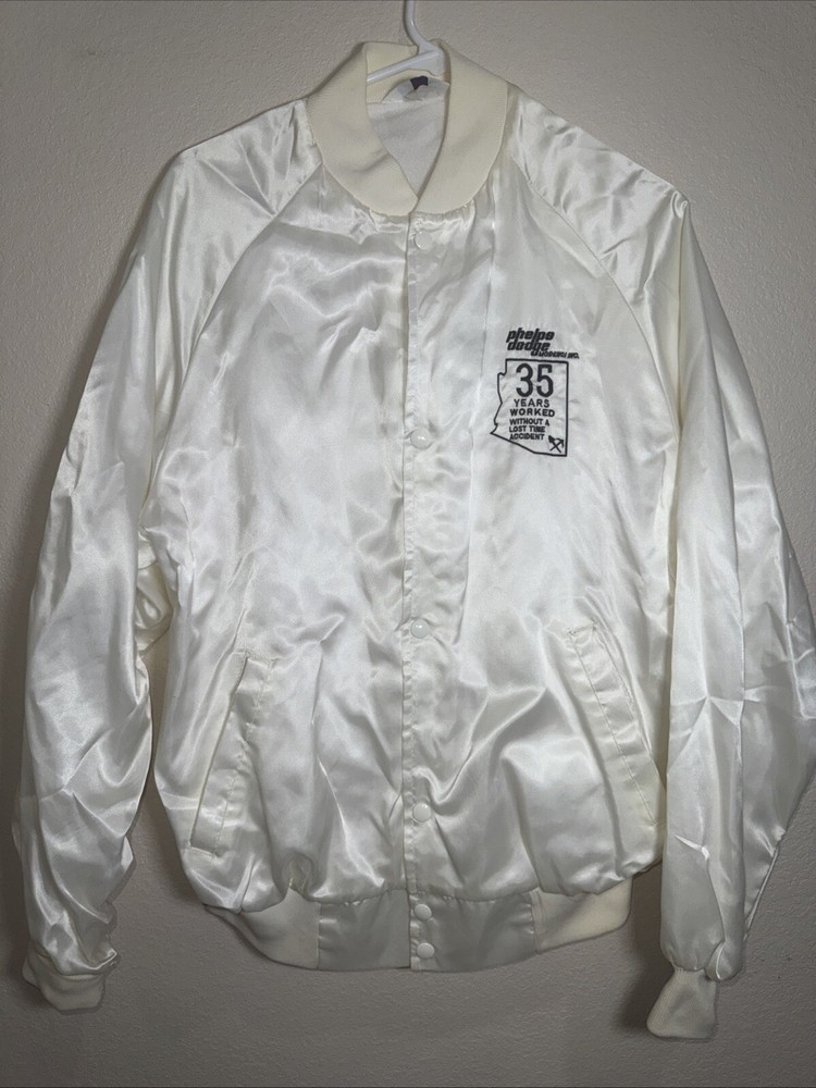 VTG West Ark Ivory Satin Bomber Jacket Mens Large Phelps Dodge Mine