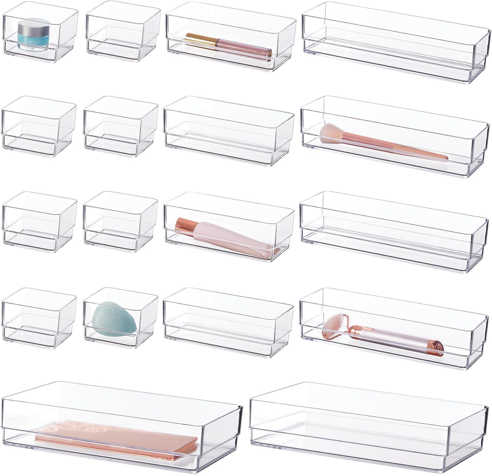 Simplesort 18-Piece Stackable Clear Drawer Organizer Set | Multi-Size Trays | Ma