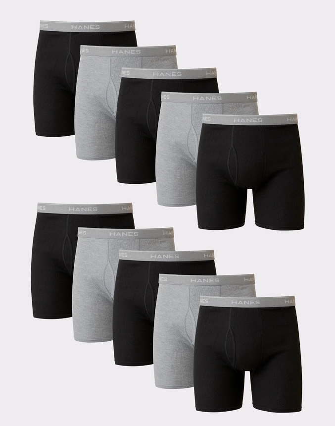Hanes Men's Cotton Boxer Brief Underwear Super Value Pack, Black/Grey, 10-Pack