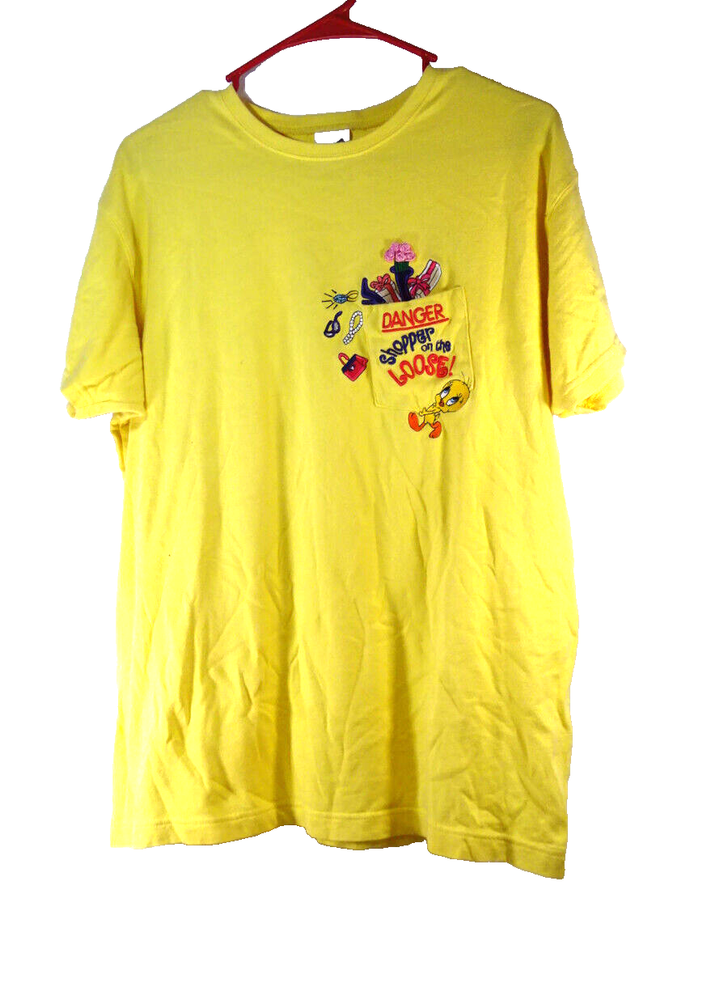 2000 Warner Bros Tweety Bird Yellow Pocket Crew T-Shirt Size Large