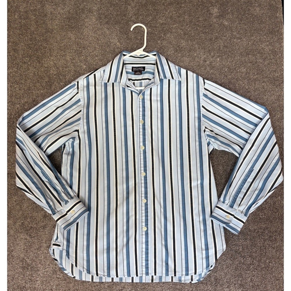 Michael Kors Men's Blue Black White Striped Button Down Dress Shirt Size Medium