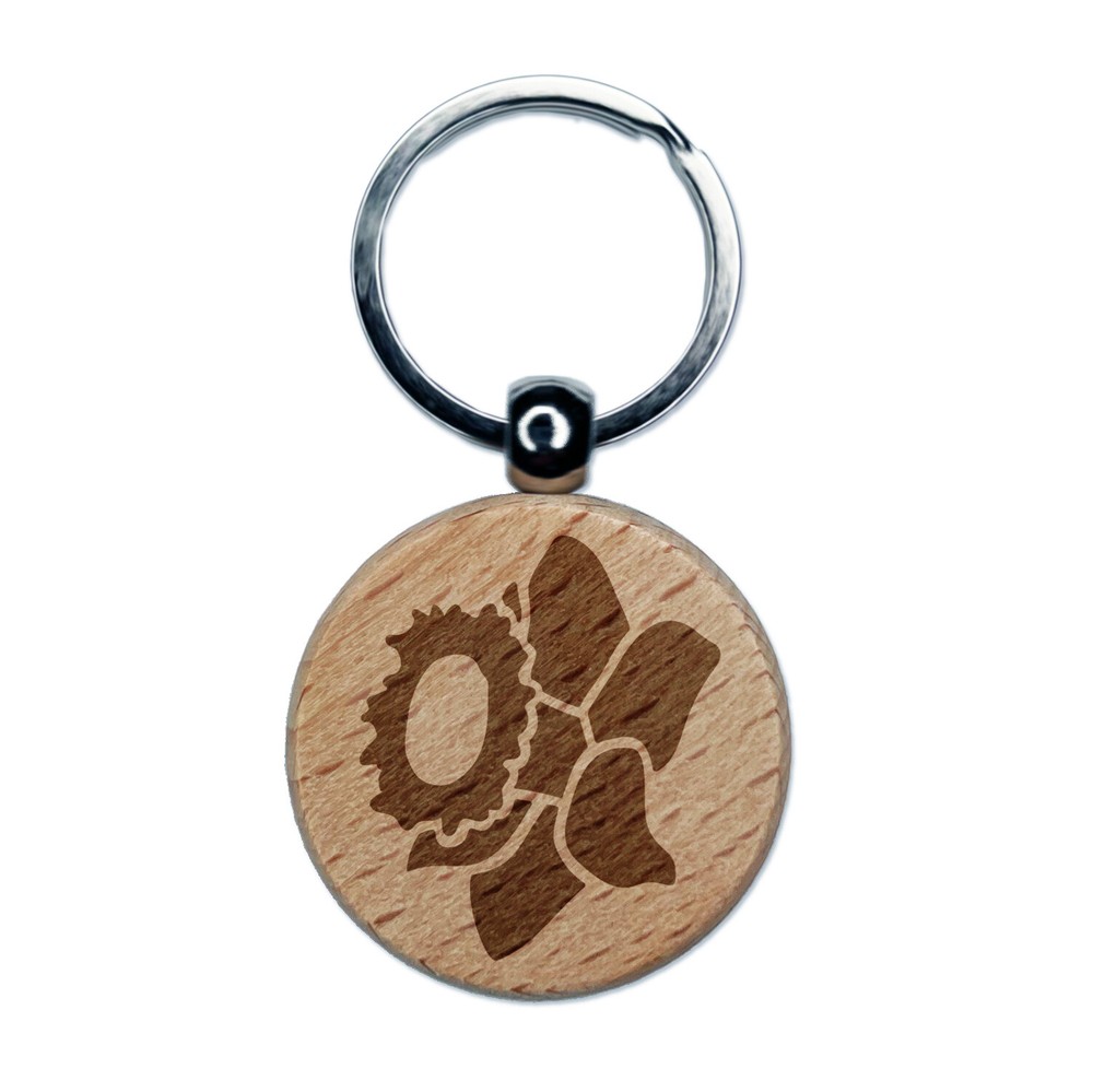 Daffodil Flower Engraved Wood Round Keychain Tag Charm