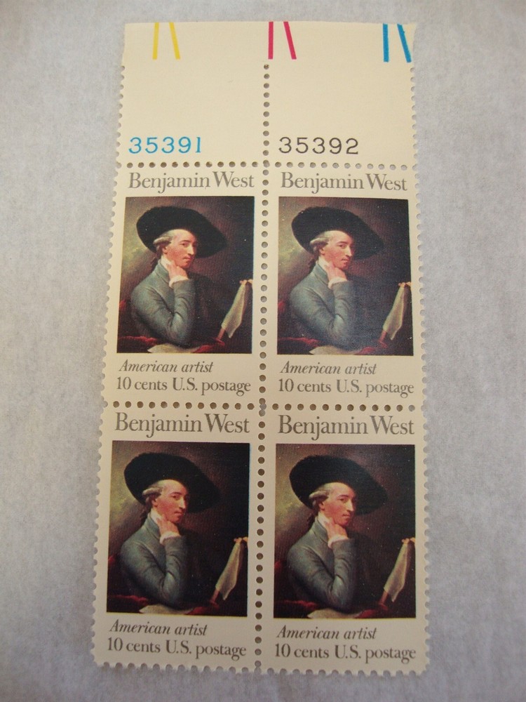 Vintage US 10c Benjamin West Plate Block Stamps MNH UNC