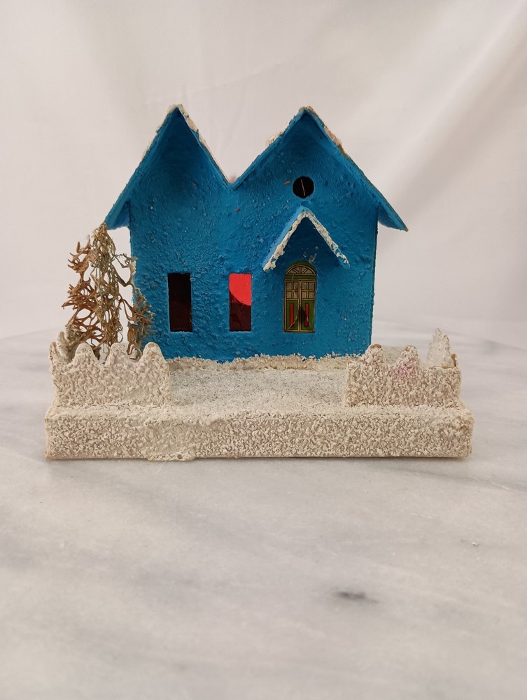 Vintage Putz Christmas Village Large House Japan Coconut Mica Glitter Fence