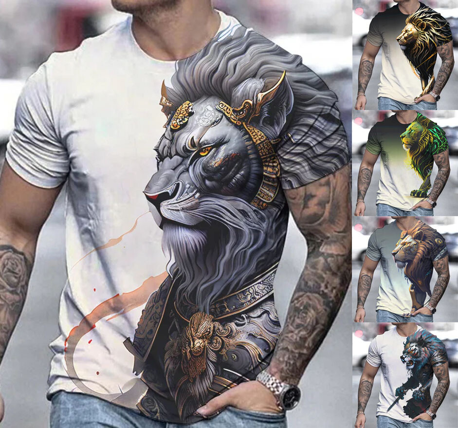 Lion Warrior Design Graphic T-Shirt Mens Short Sleeve Tee Top O Neck