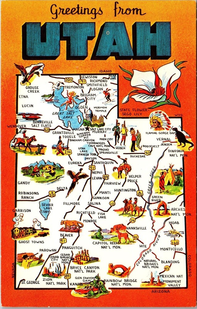 UT-Utah, Scenic Map Greetings, Landmarks, Vintage Postcard