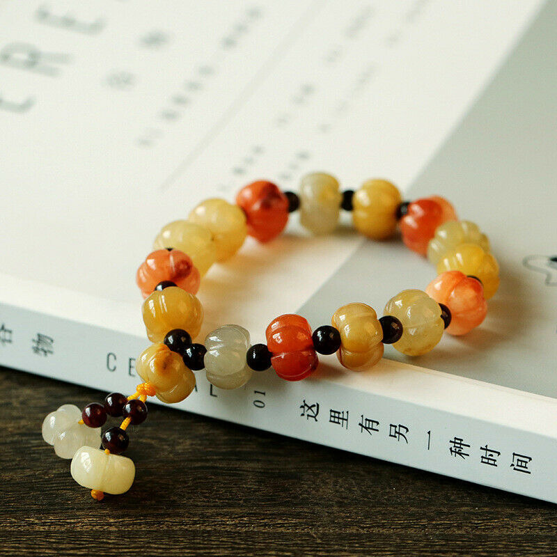 Exquisite Chinese Natural Jade Carved Pumpkin Beads Tassel Bracelet