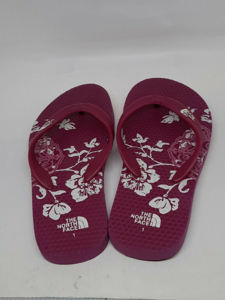 North Face Youth Girls Hibiscus Floral Flip Flops Size 1 Pink White