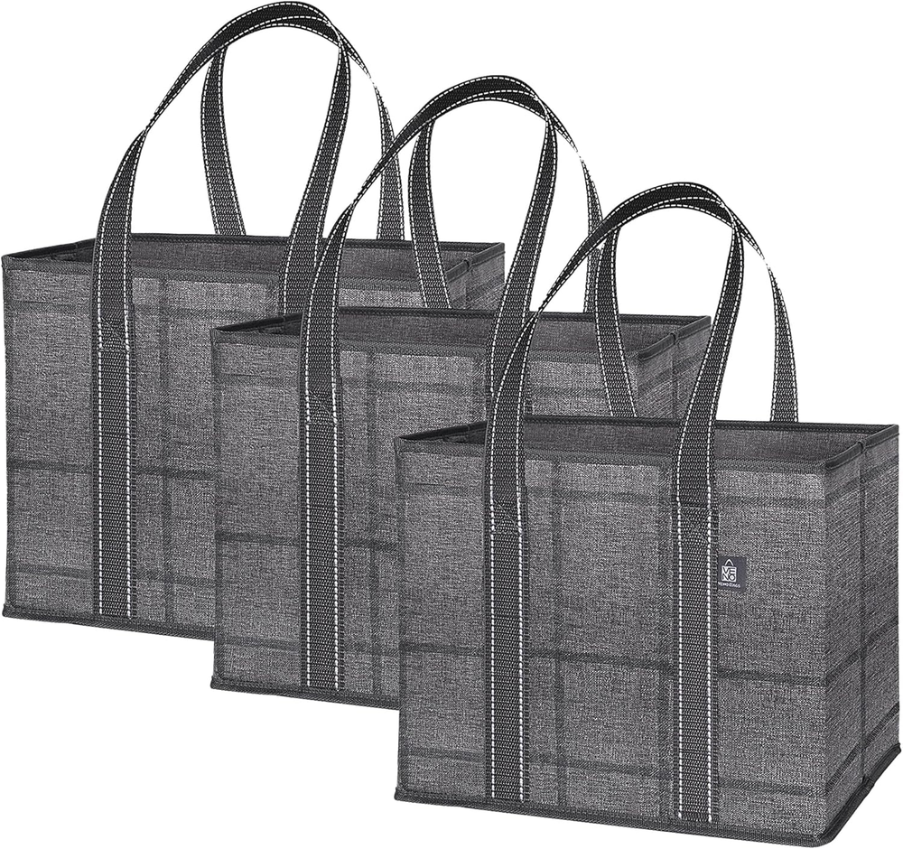 Foldable Heavy Duty Reusable Grocery Bag with Hard Bottom Storage Box Black