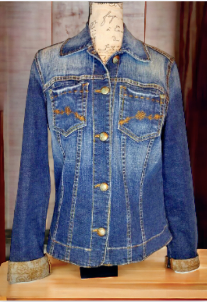 Softwear Mark Singer Denim Jean Jacket, Embellished Button, Flower, Small/Medium