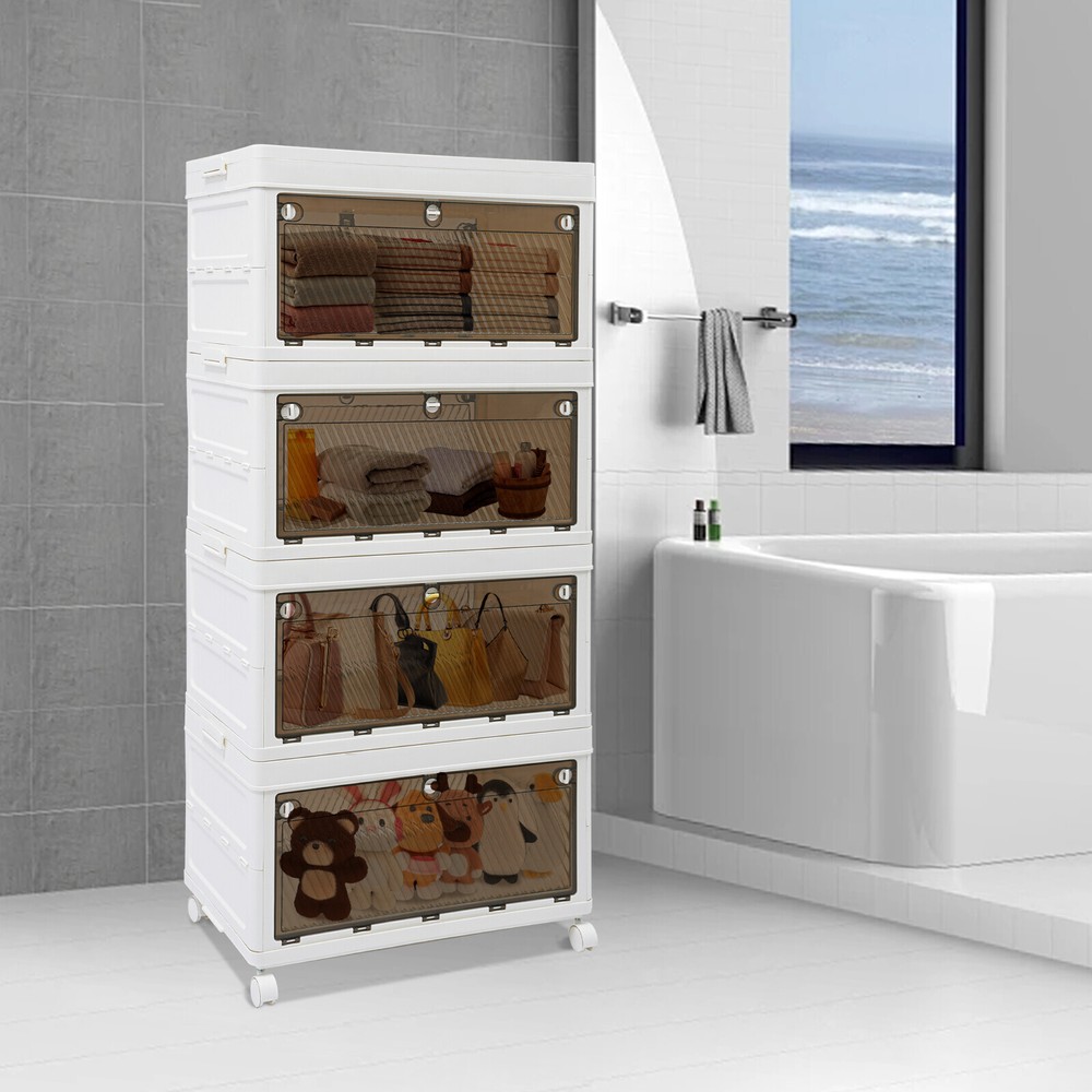 4-Tier Foldable Stackable Storage Organizer with Wheels for Clothes