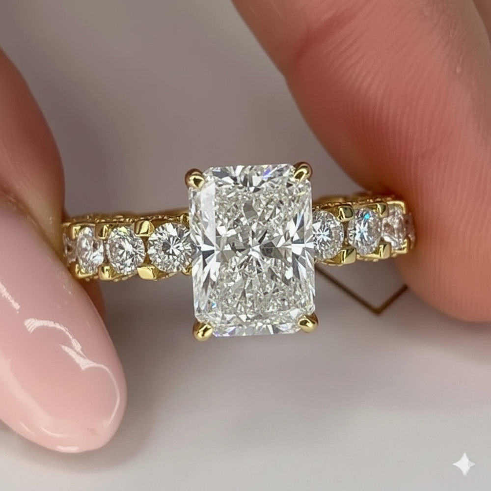 14k Yellow Gold Radiant Cut IGI Lab Grown Wedding Diamond Ring 4 Carat E F VVS2