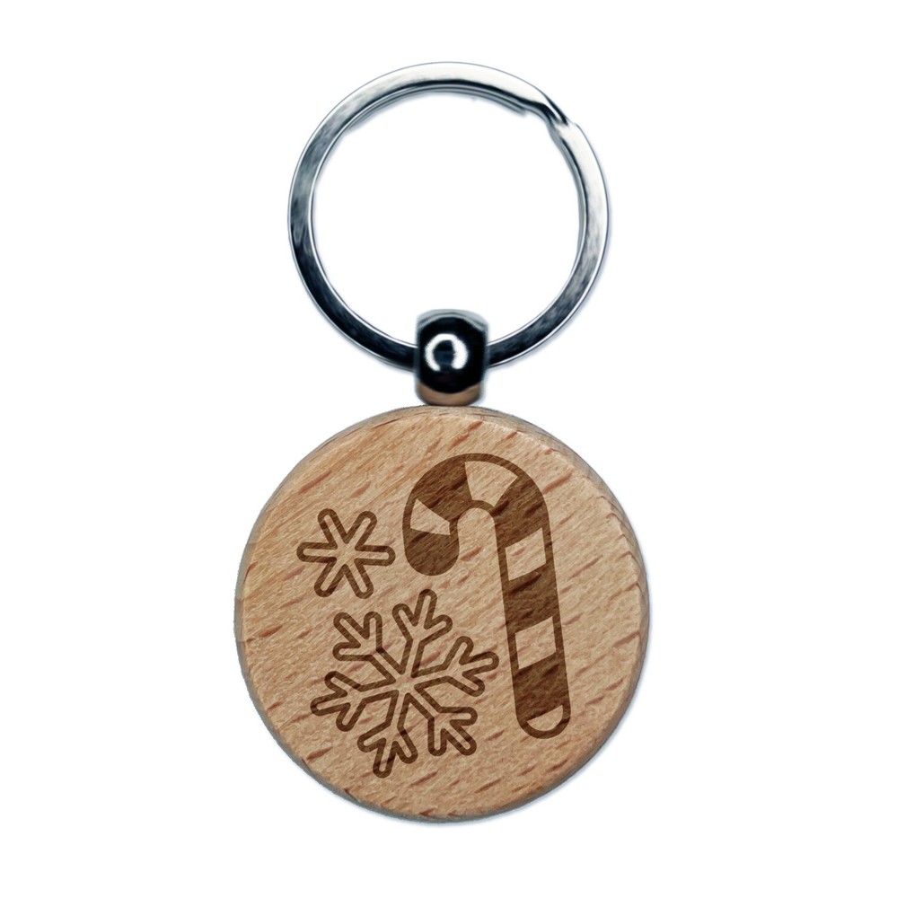 Holiday Christmas Candy Cane Snowflakes Engraved Wood Round Keychain Tag Charm