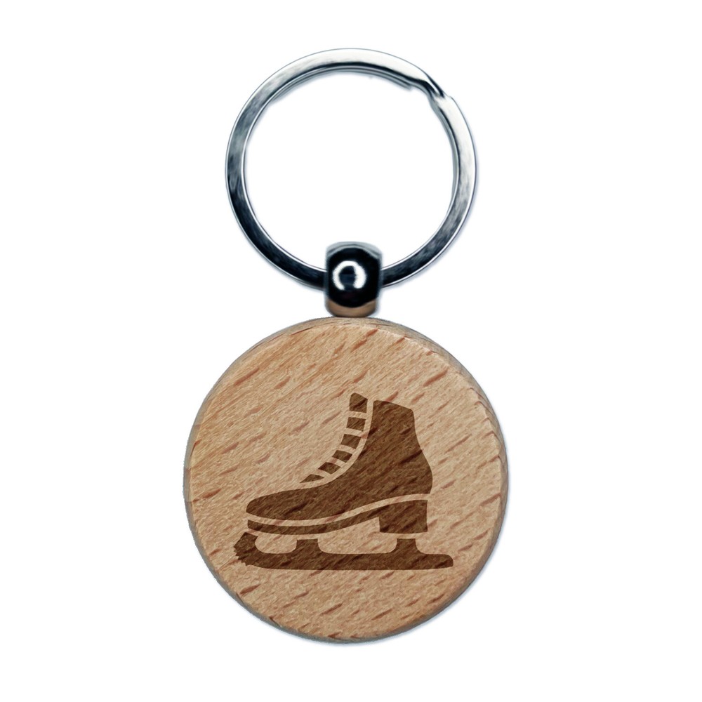 Ice Skate Skating Winter Sport Engraved Wood Round Keychain Tag Charm