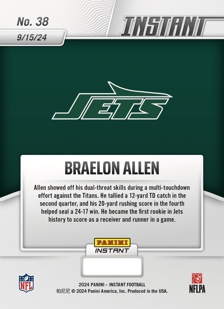 Presale BRAELON ALLEN 2024 PANINI INSTANT GRADED GEM-MT 10 Rookie Card #38-image