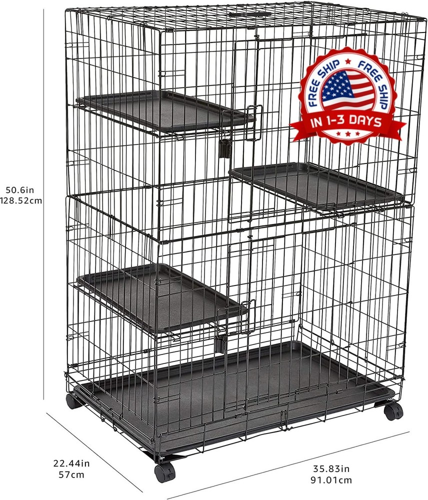 Jaula Grande Para Gatos De 3 Niveles, Duradera Y Flexible, Caja De Juego (Negra)