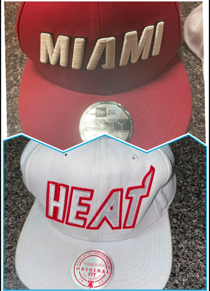 Miami Heat Burgundy Heather Snapback -  And White Hat Lot Of 2 Mitchell & Ness
