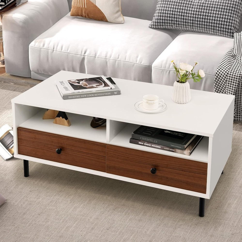 Modern Wood Coffee Table with Drawers and Storage Shelves