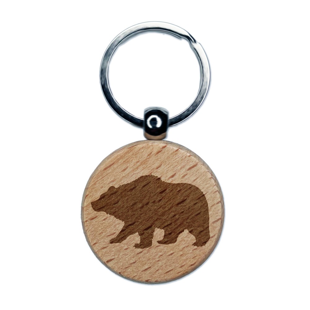 Fuzzy Grizzly Bear Silhouette Wood Keychain Charm Tag