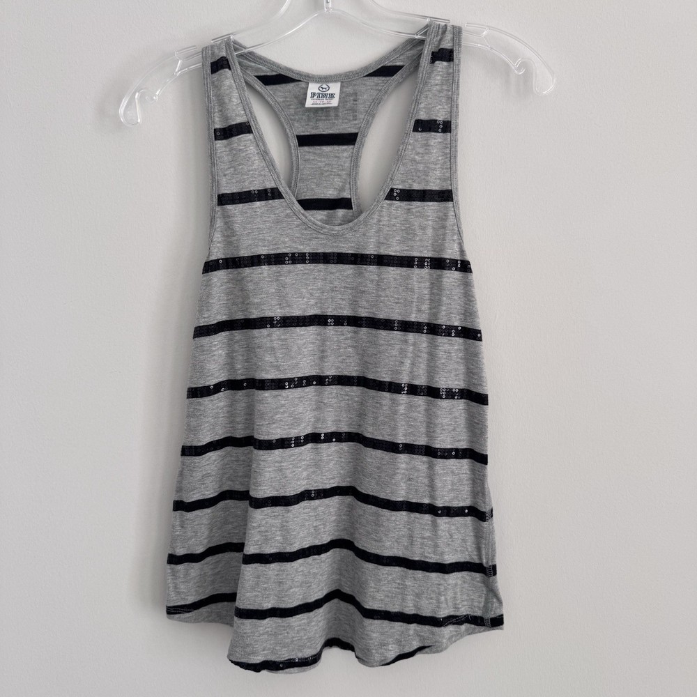 VICTORIA SECRET PINK TANK TOP Size XS Grey With Black Sequin Stripes Racer Back