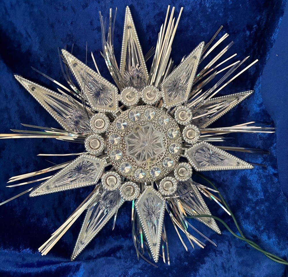 Vtg Christmas tree topper Faux Crystal Clear Silver Tinsel Star Lighted