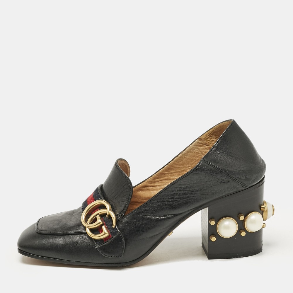 Gucci Black Leather GG Pearl Embellished Loafer Pumps EU 37.5