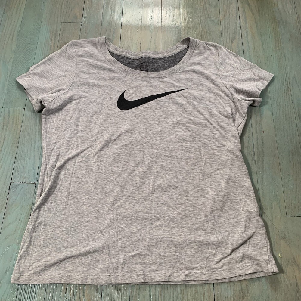 Nike Dri-Fit Women Gray Crop Athletic Tee Size L Black Check Cotton Short Sleeve