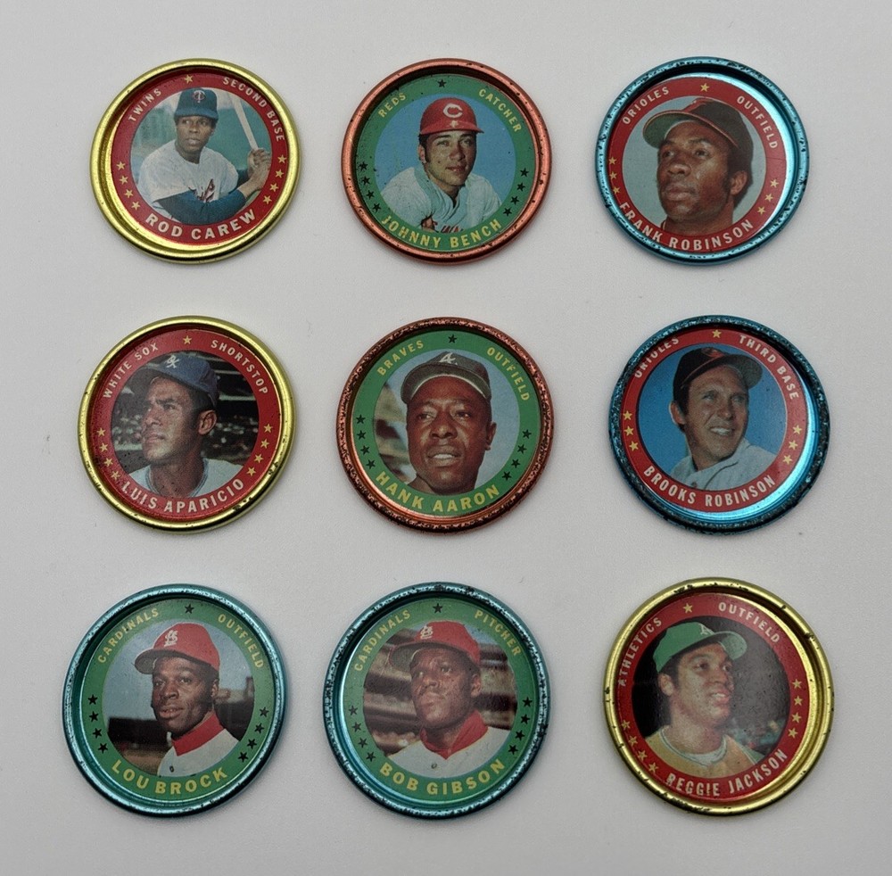 Lot (9) 1971 Topps Baseball Coins- Hank Aaron, Bob Gibson, Lou Brock, R. Jackson