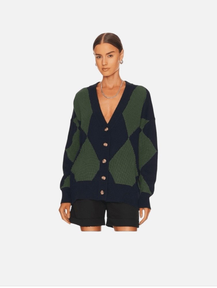Pistola Anthropologie Evelyn Argyle Oversized Cardigan Blue Green Knit Button Fr