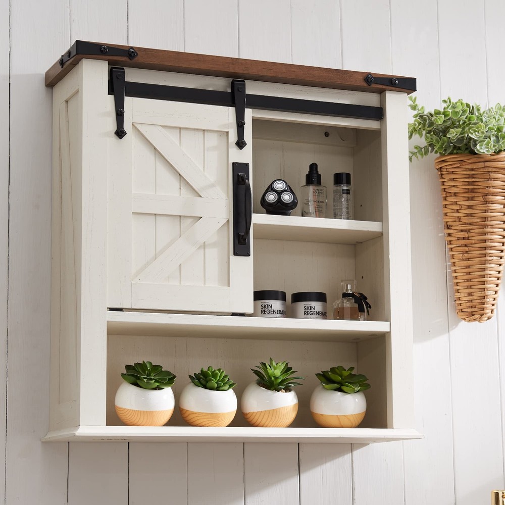 Farmhouse Bathroom Wall Cabinet with Sliding Barn Door & Adjustable Shelves
