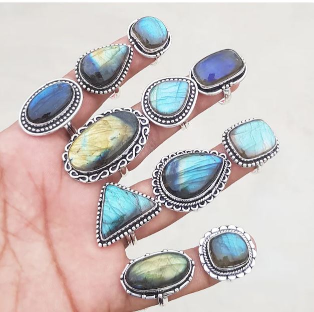 Alluring Natural Labradorite Gemstone 925 Sterling Silver Plated Fancy Lot Rings
