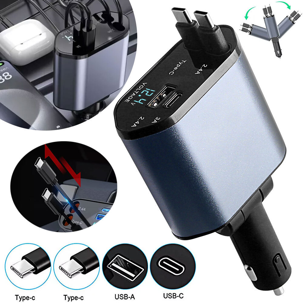 55W Retractable 4-in-1 Fast Car Charger with USB-C Cable