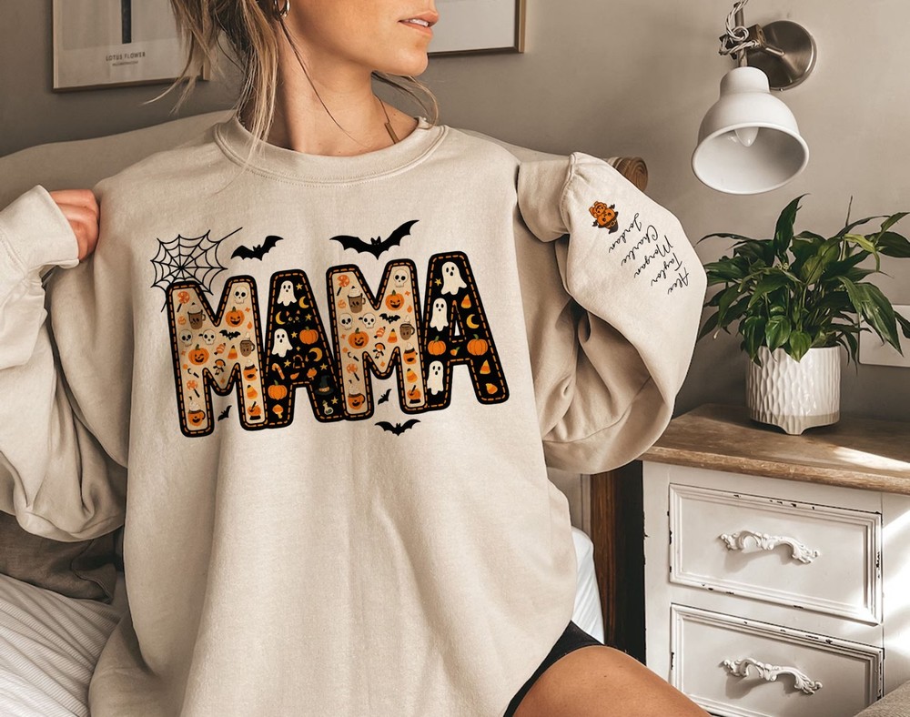 Personalised Halloween Mama Sweatshirt Custom Name On Sleeve Printed Spooky Top
