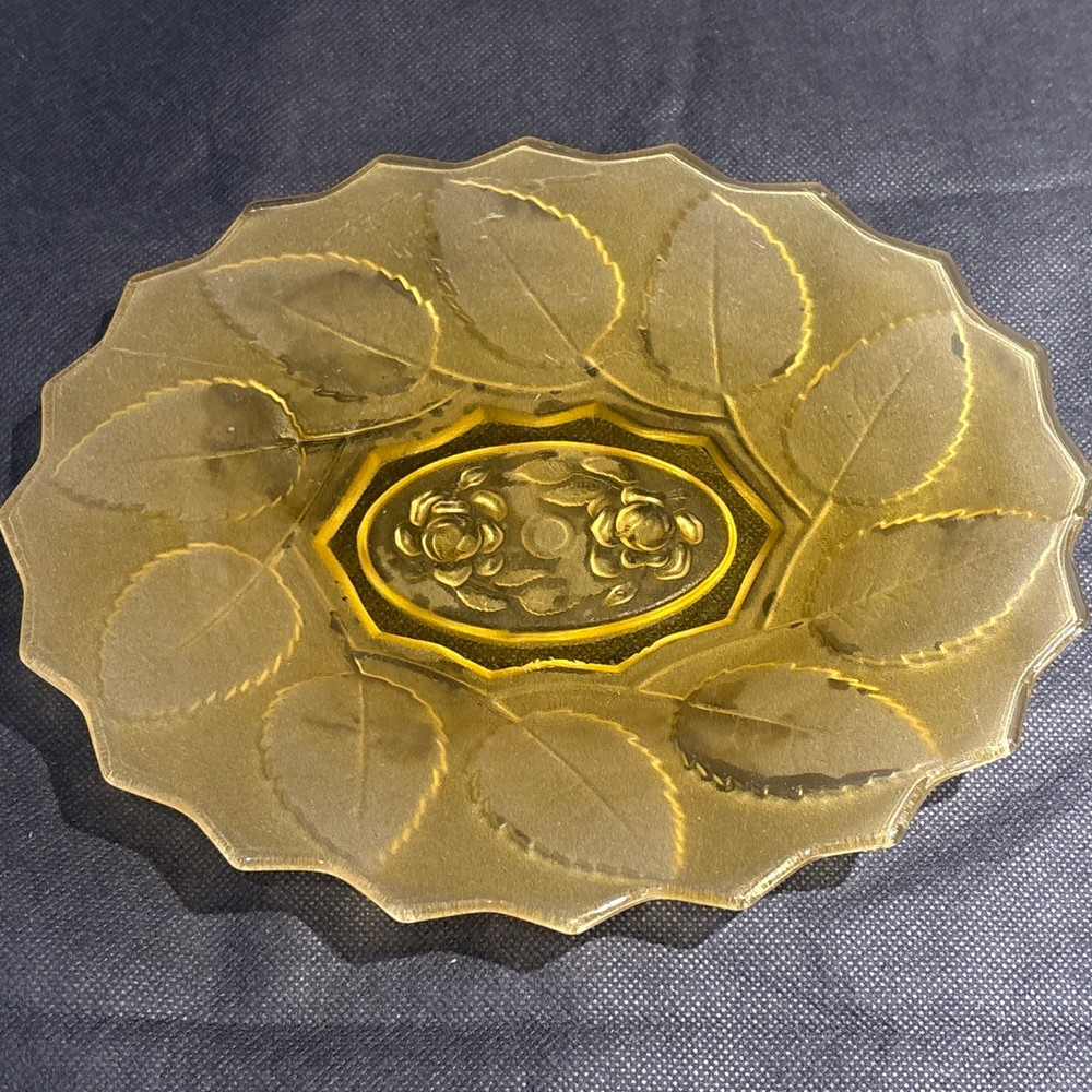 Vintage Bagley England Amber Glass Rose Leaf Pattern Plate