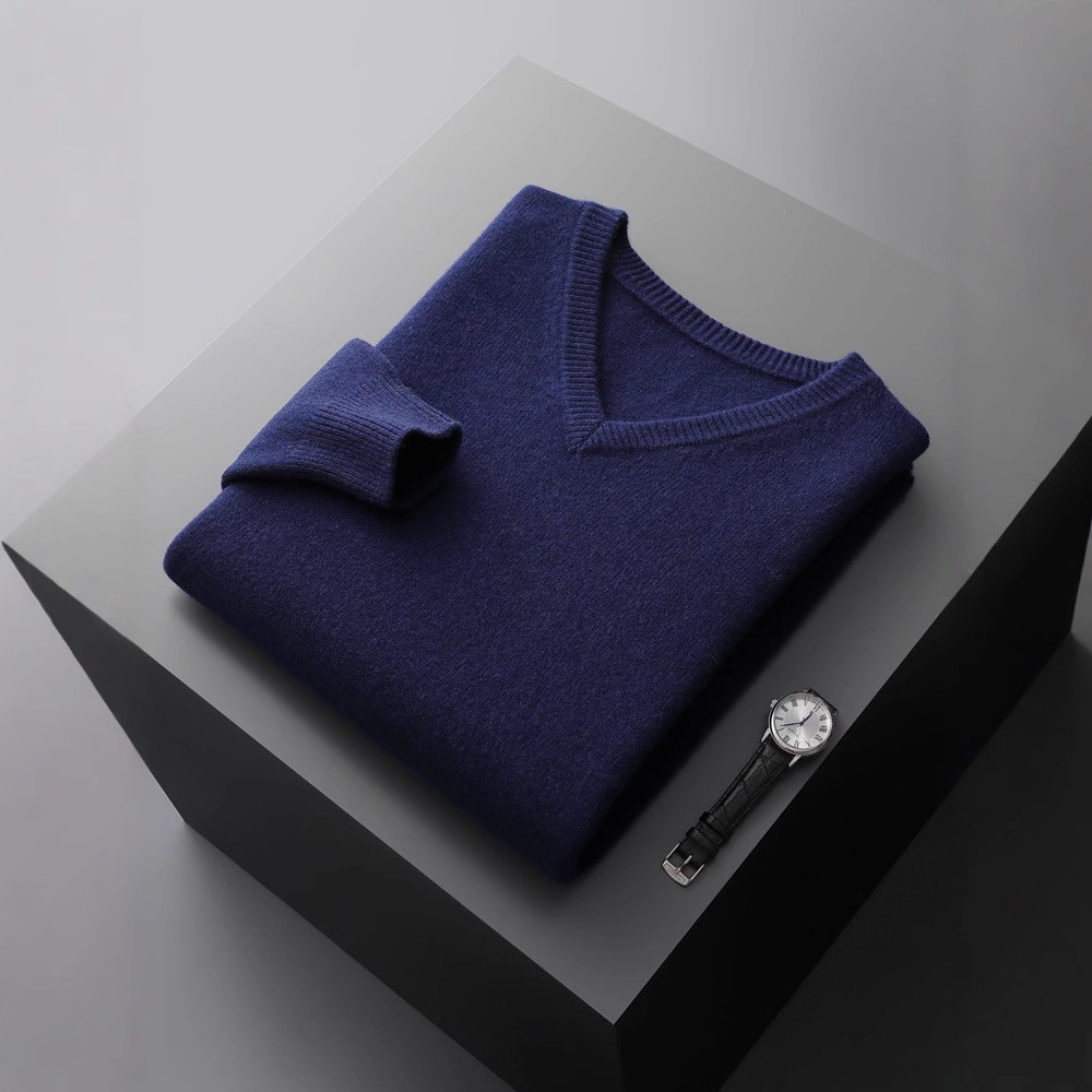 Autumn/winter Men's Wool V-neck Thickened Sweater Solid Color Casual Top Wool