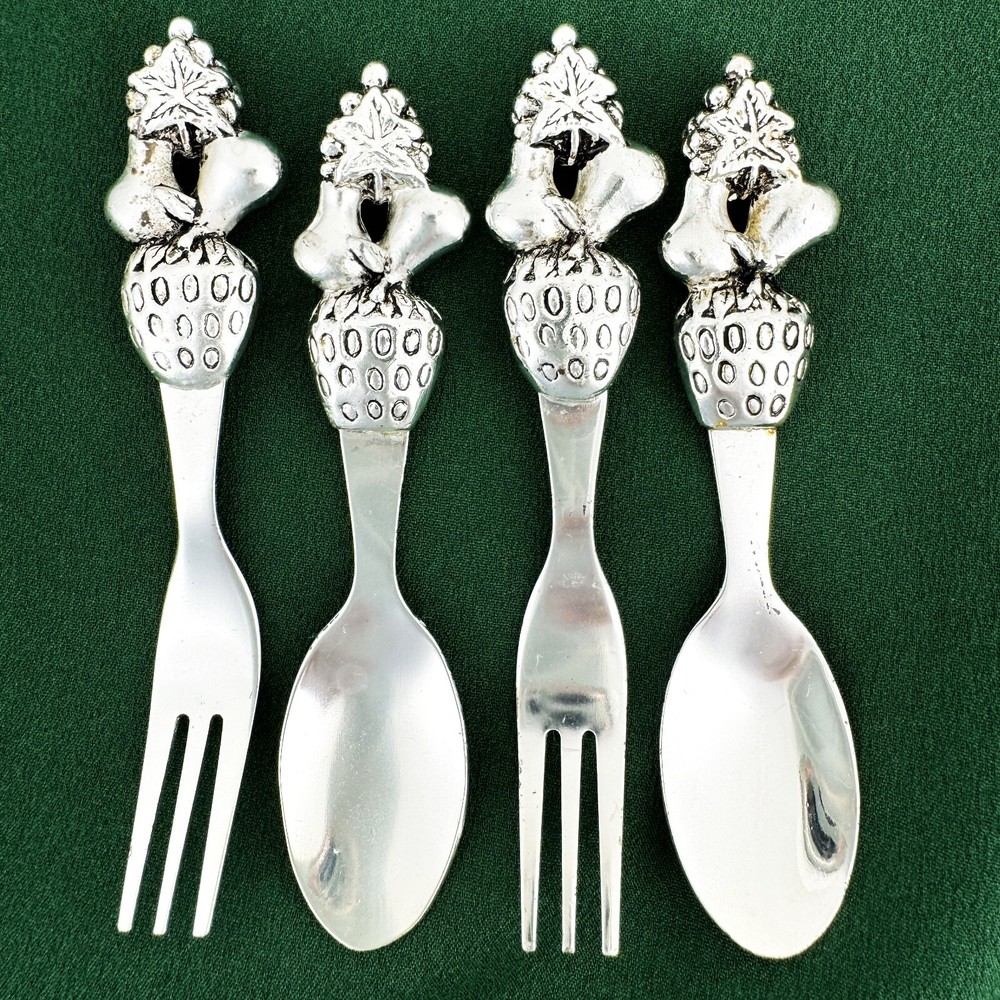 Lot of 4 Small Spoons & Forks Stainless Steel Silver Berries Pears Leaf Holiday