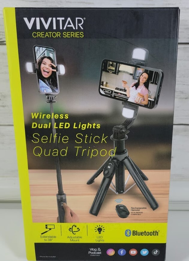 New Vivitar 7-38” Selfie Stick & Quad Tripod with Wireless Remote NEW !