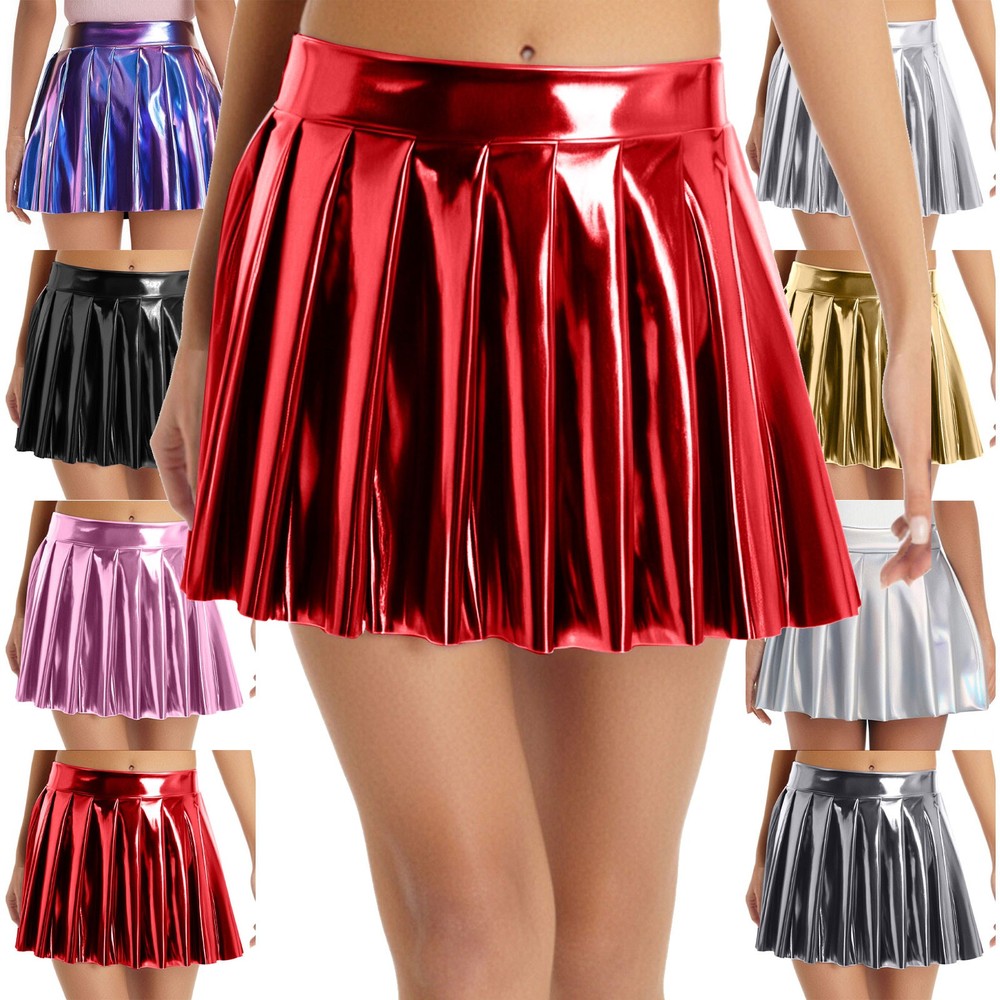 US Women's Metallic Glossy Pleated Skirt High Waist Bodycon Miniskirt Clubwear