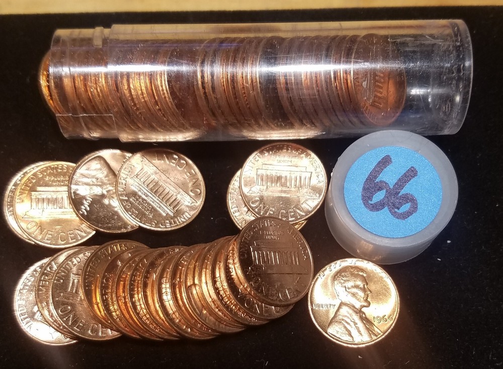1966 Lincoln Penny Cent Roll - Gem BU Red - from huge hoard of 1000s of rolls