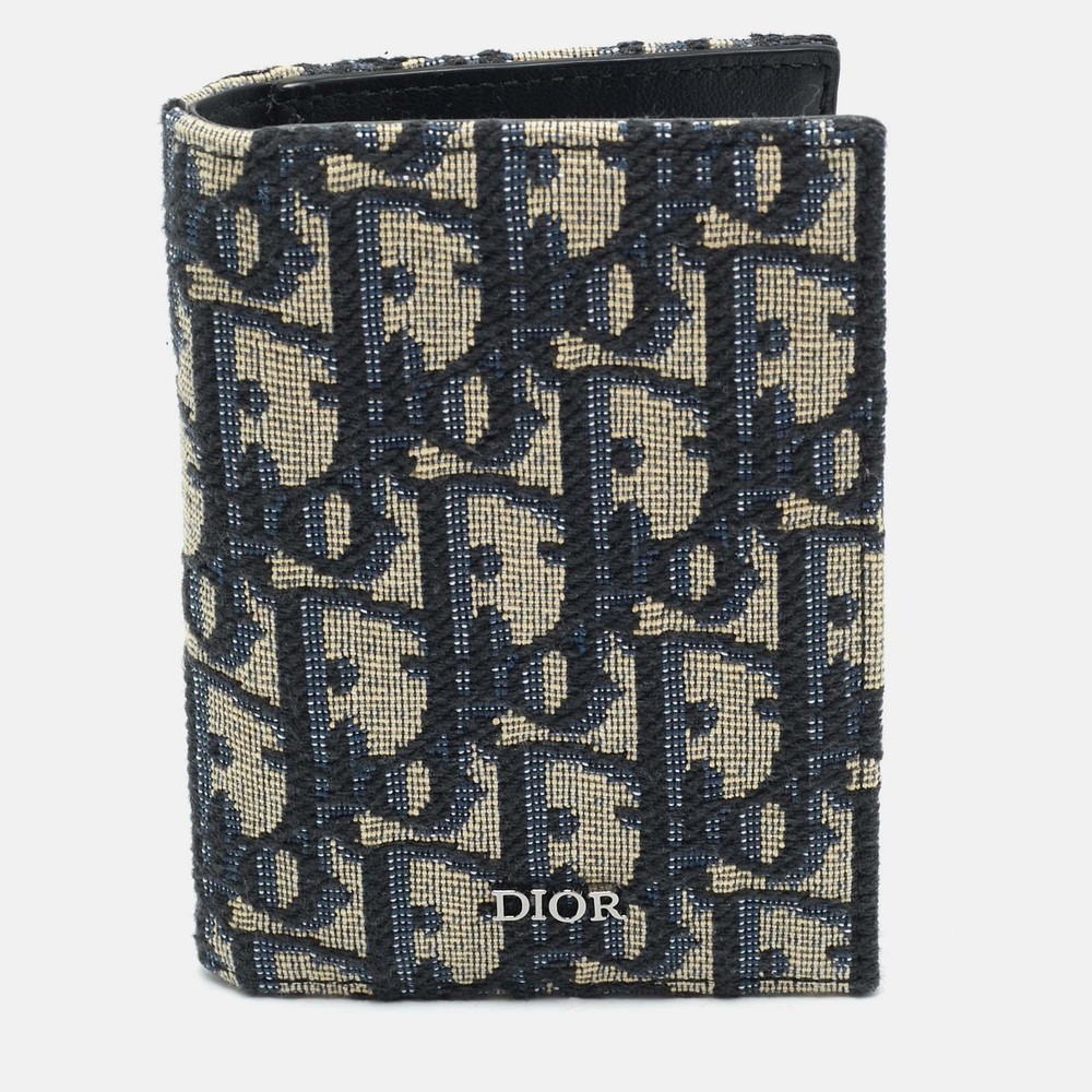 Dior Beige Black Oblique Canvas Vertical Bifold Card Holder Wallet  