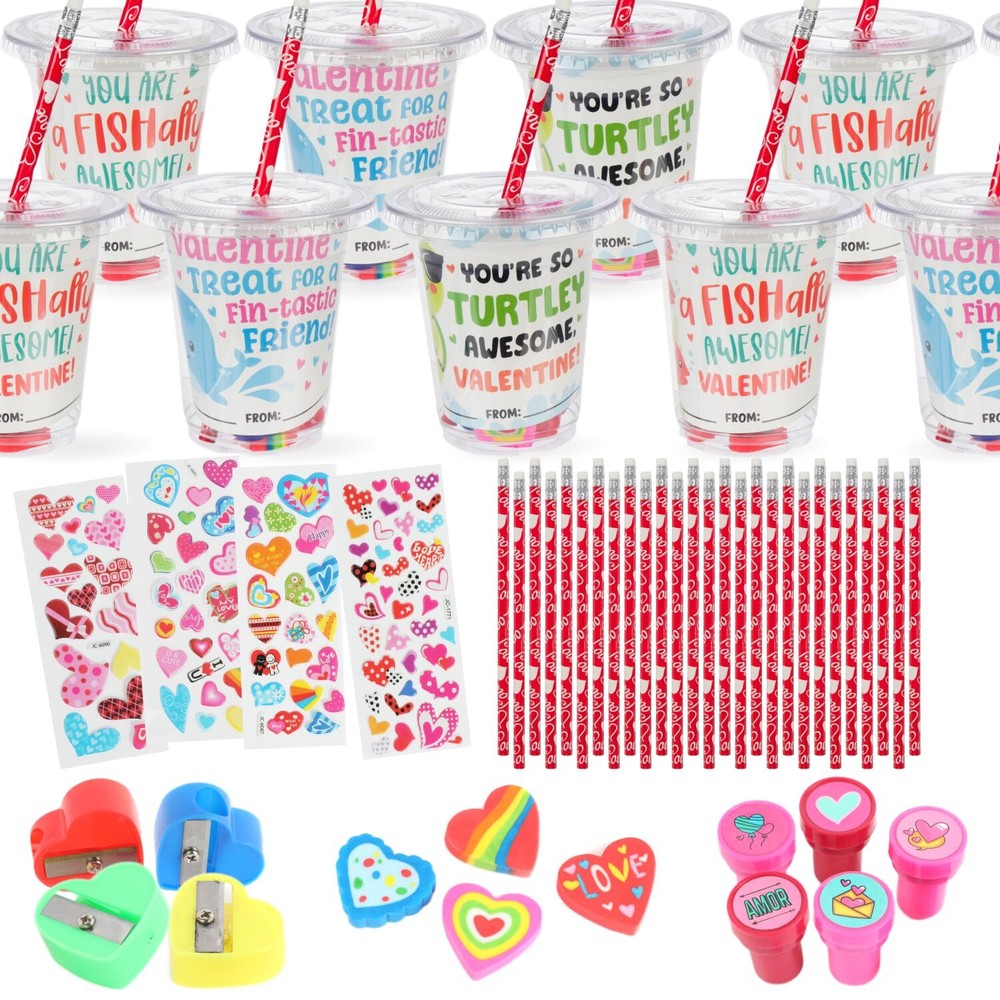 30-Pack Valentine's Day Gifts for Kids - Stationary and Cup Set with Valentin...