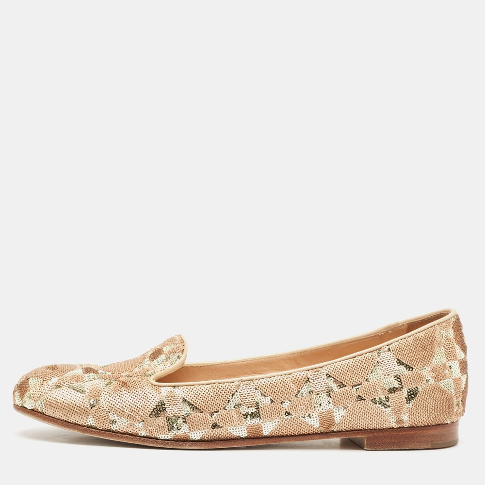 Dior Beige Gold Sequin Patent Leather Smoking Slippers Size 36